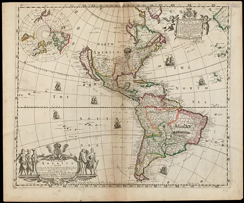 A new mapp of America devided according to the best and latest observations and discoveries wherein are described by thear proper names the seaverall countries that belonge to ye English which are wholly left out in all Dutch and French maps viz New Scotland, Long Iland, N. York N. Jarsey, Mary Land, Pensilvania, Carrolina &