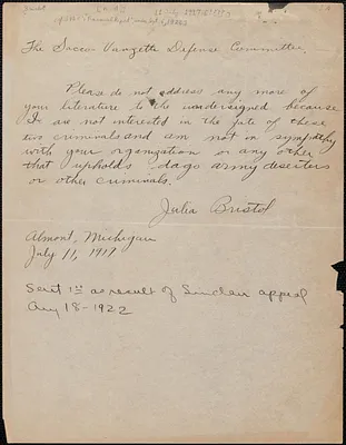 Julia Bristol autograph letter signed to Sacco-Vanzetti Defense Committee, Almont, Mich., July 11, [1917?]