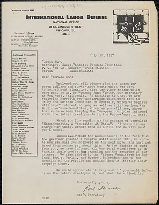 Rose Karsner (International Labor Defense) typed letter signed to Joseph Moro, Chicago, Ill., July 13, 1927