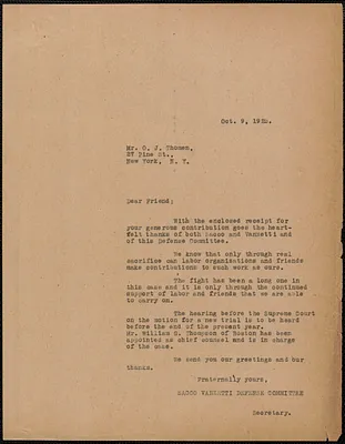 Sacco-Vanzetti Defense Committee typed letter (copy) to O. J. Thomen, Boston, Mass., October 9, 1925