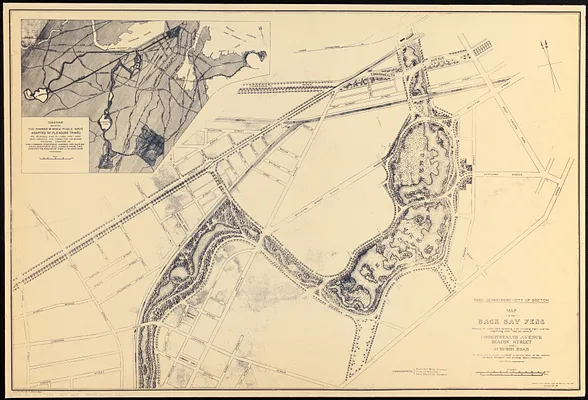 Map of the Back Bay Fens showing the public ways bordering and crossing them and the neighboring newly laid out parts of Commonwealth Avenue, Beacon Street, and Audubon Road, by which will be made available a circuit drive of the district, tree-lined throughout and passing above railroads