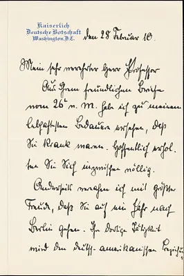 Bernstorff, Johann Heinrich, Graf von, 1862-1939 autograph letter signed to Hugo Münsterberg, Washington, D.C., 28 February 1910