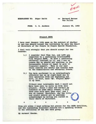 Memorandum, C. D. Jackson to Edgar Smith Regarding Project HOPE
