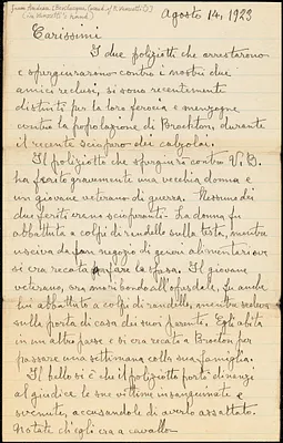 Andrea Bevilacqua [pseudonym of Bartolomeo Vanzetti?] manuscript letter signed (in Vanzetti's hand), to friends, [Charlestown], 14 August 1923