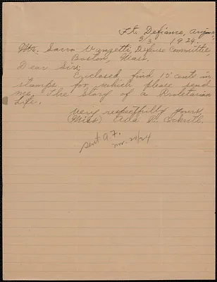 Ada R. Cockrill autograph note signed to Sacco-Vanzetti Defense Committee, Ft. Defiance, Ariz., March 3, 1924