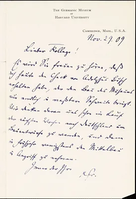 Francke, Kuno, 1855-1930 autograph letter signed to Hugo Münsterberg, Cambridge, Mass., 29 November 1909