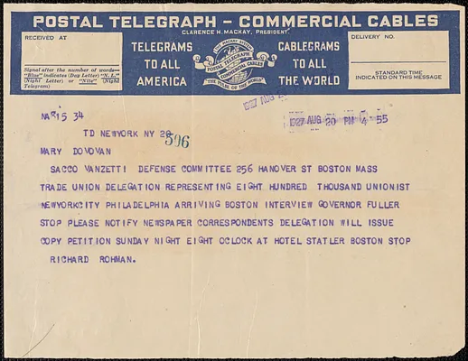 Richard Rhoman telegram to Mary Donovan, New York, N.Y., August 20, 1927