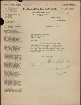 John S. Codman (New England Civil Liberties Committee) typed letter signed to Sacco-Vanzetti Defense Committee, Brookline, Mass., February 23, 1921