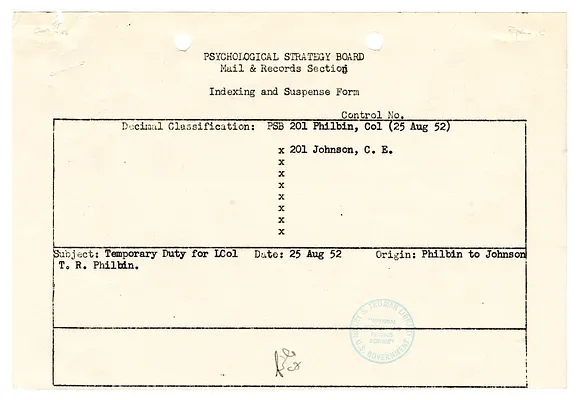 Memorandum for the Record re Temporary Duty for Lieutenant Colonel T. R. Philbin, with Attachment