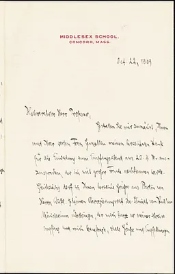 Drechsler, Robert Walter, fl. 1913 autograph letter signed to Hugo Münsterberg, Concord, Mass., 22 October 1909