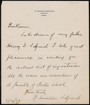 R. Minturn Sedgwick autograph note signed to Sacco-Vanzetti Defense Committee, Groton, Mass., May 3, 1927