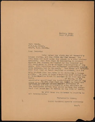Sacco-Vanzetti Defense Committee typed letter (copy) to Mary C. Trask, Boston, Mass., July 20, 1927