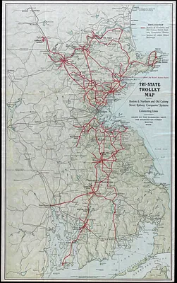 Tri-state trolley map showing Boston & Northern and Old Colony Street Railway Companies' systems and connecting lines