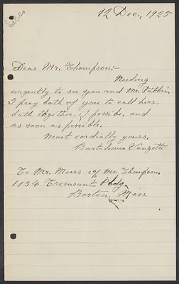 Sacco-Vanzetti Case Records, 1920-1928. Correspondence. Bartolomeo Vanzetti to William G. Thompson, December 12, 1925. Box 40, Folder 98, Harvard Law School Library, Historical & Special Collections