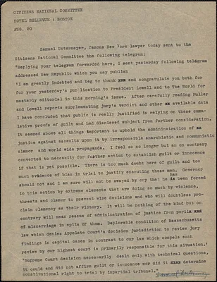 Citizens National Committee for Sacco and Vanzetti press release (copy), Boston, Mass., August 20, [1927]