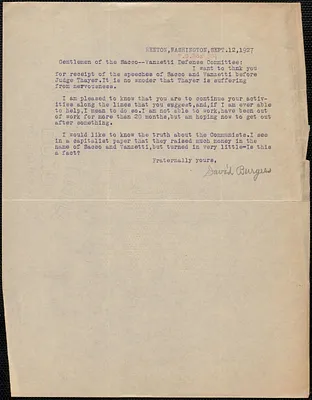 David Burgess typed letter signed to Sacco-Vanzetti Defense Committee, Renton, Wash., September 12, 1927
