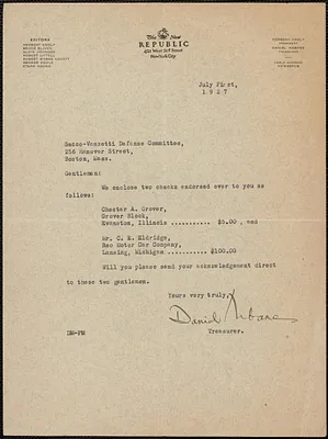 Daniel Mebane (The New Republic) typed note signed to Sacco-Vanzetti Defense Committee, New York, N.Y., July 1, 1927