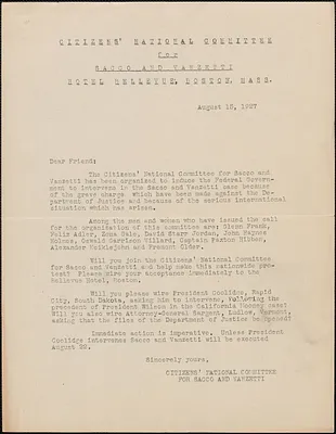 Citizens National Committee for Sacco and Vanzetti typed letter (circular), Boston, Mass., August 15, 1927