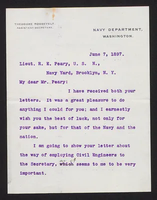 Letter from Theodore Roosevelt, Assistant Secretary of the Navy, to Lieutenant Robert E. Peary