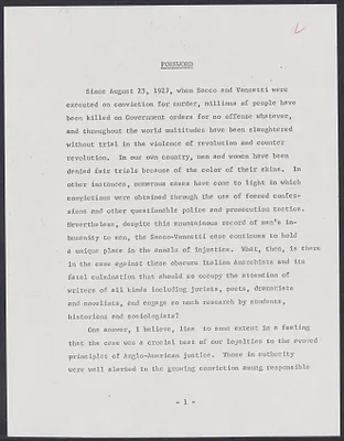 Herbert Brutus Ehrmann Papers, 1906-1970. Sacco-Vanzetti. Foreword. Box 5, Folder 4, Harvard Law School Library, Historical & Special Collections
