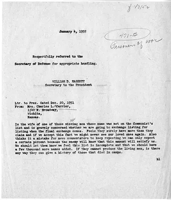 Referral Memorandum from William D. Hassett to Secretary of Defense Robert Lovett