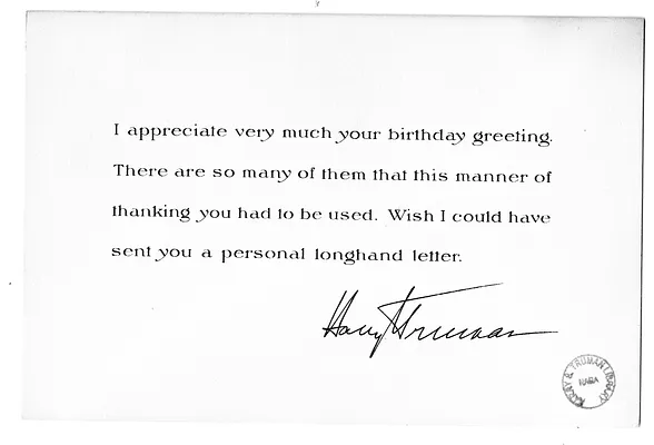 Card from Harry S. Truman to Edgar Hinde, Jr.