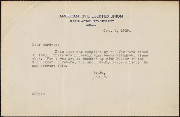Roger [N. Baldwin] (American Civil Liberties Union) typed note to Gardner [Jackson], New York, N. Y., October 4, 1927
