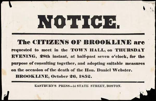 Flyer announcing a meeting to determine Brookline's response to the death of Daniel Webster