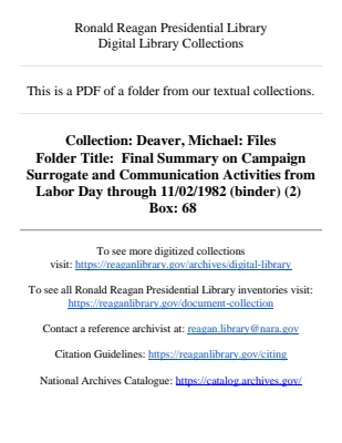 Final Summary Report on Campaign Surrogate and Communications Activities from Labor Day through 11/02/1982 (Binder) (2)