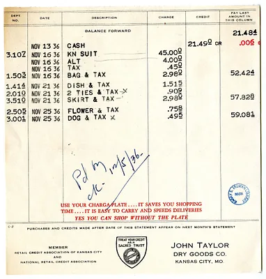 Bill from John Taylor Dry Goods Company