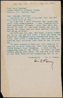 William R. Henry typed letter signed to Mary Donovan, New York, N. Y., August 31, 1927