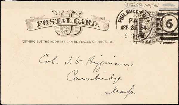 J. S. Rosengarten autograph note signed to Thomas Wentworth Higginson, Philadelphia, 26 April 1884