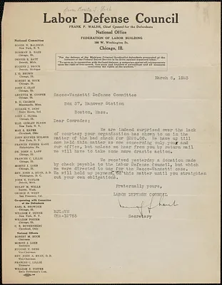 Moritz J. Loeb (Labor Defense Council) typed letter signed to Sacco-Vanzetti Defense Committee, Chicago, Ill., March 5, 1923