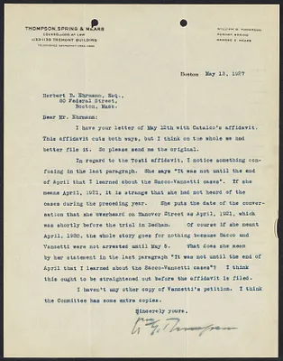 Herbert Brutus Ehrmann Papers, 1906-1970. Sacco-Vanzetti. Correspondence of HBE, junior counsel for the defense, April 15 - May 13, 1927. Box 15, Folder 18, Harvard Law School Library, Historical & Special Collections