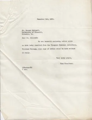 Letters Sent to Dr. Herman Schlundt, December 2, 1930
