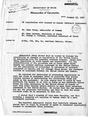 Memorandum of Conversation with Secretary of State Dean Acheson, Ambassador of Canada Hume Wrong, and George Perkins