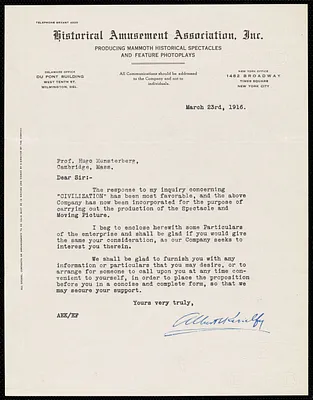 Kiralfy, Albert E., fl.1916 typed letter signed to Hugo Münsterberg, New York, 23 March 1916
