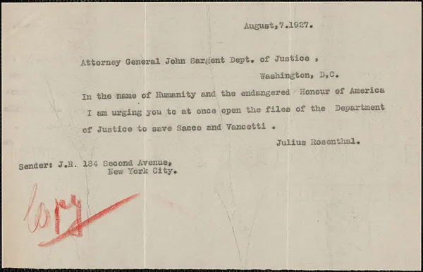 Julius Rosenthal typed note (copy) to John Sargent (Department of Justice), New York, N. Y., August 7, 1927