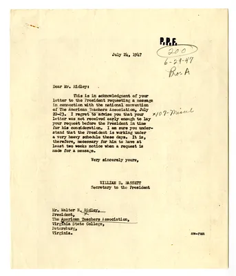 Letter from Walter Ridley to President Harry S. Truman with a Reply from William D. Hassett