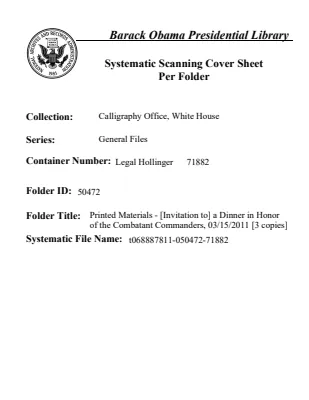 Printed Materials - [Invitation to] a Dinner in Honor of the Combatant Commanders, 03/15/2011