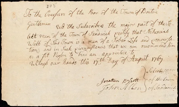Elizabeth Williams indentured to apprentice with Nehemiah Webb of Sandwich, 25 August 1767