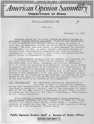 American Opinion Summary Department of State -- Vietnam, dated 10 September 1963.