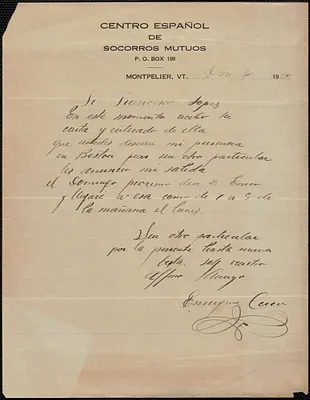 Enrique Cerro (Centro Español de Socorros Mutuos) autograph letter signed, in Spanish, to Frank Lopez, Montpelier, VT, December 30, 1920
