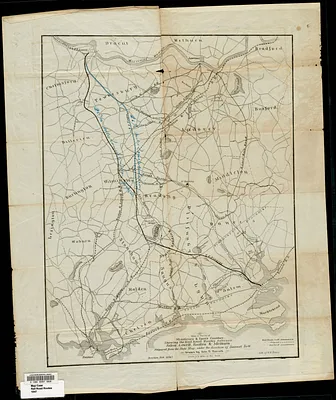 Map of parts of Middlesex & Essex counties showing the rail road routes between Salem, Lowell, Boston & Methuen
