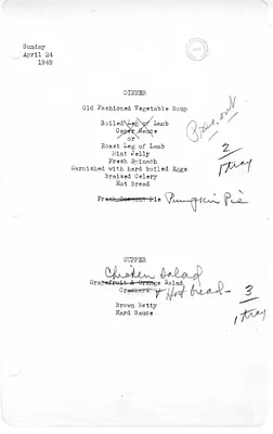 White House Dinner and Supper Menu
