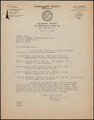James P. Cannon (Workers Party of America) typed letter signed to Eugene Lyons, New York, N. Y., April 17, 1922