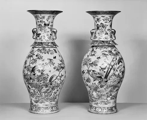 Pair of Vases with Flowers, Insects, and Birds