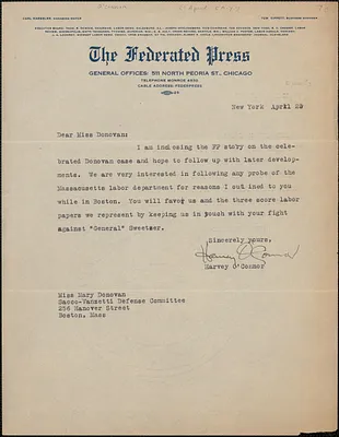 Harvey O'Connor (The Federated Press) typed note signed to Mary Donovan, Chicago, Ill., April 23, [1924?]