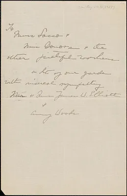 James W. Elliot and Amy Woods autograph note signed to [Rose Sacco?], Mary Donovan, and others, approximately [August 23-31, 1927]
