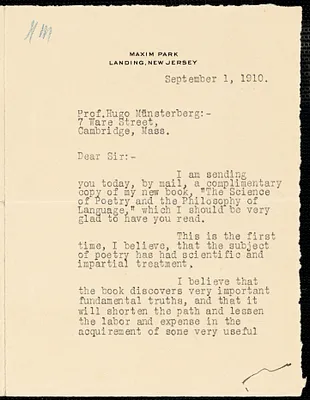 Maxim, Hudson, 1853-1927 typed letter signed to Hugo Münsterberg, Landing, N.J., 1 September 1910